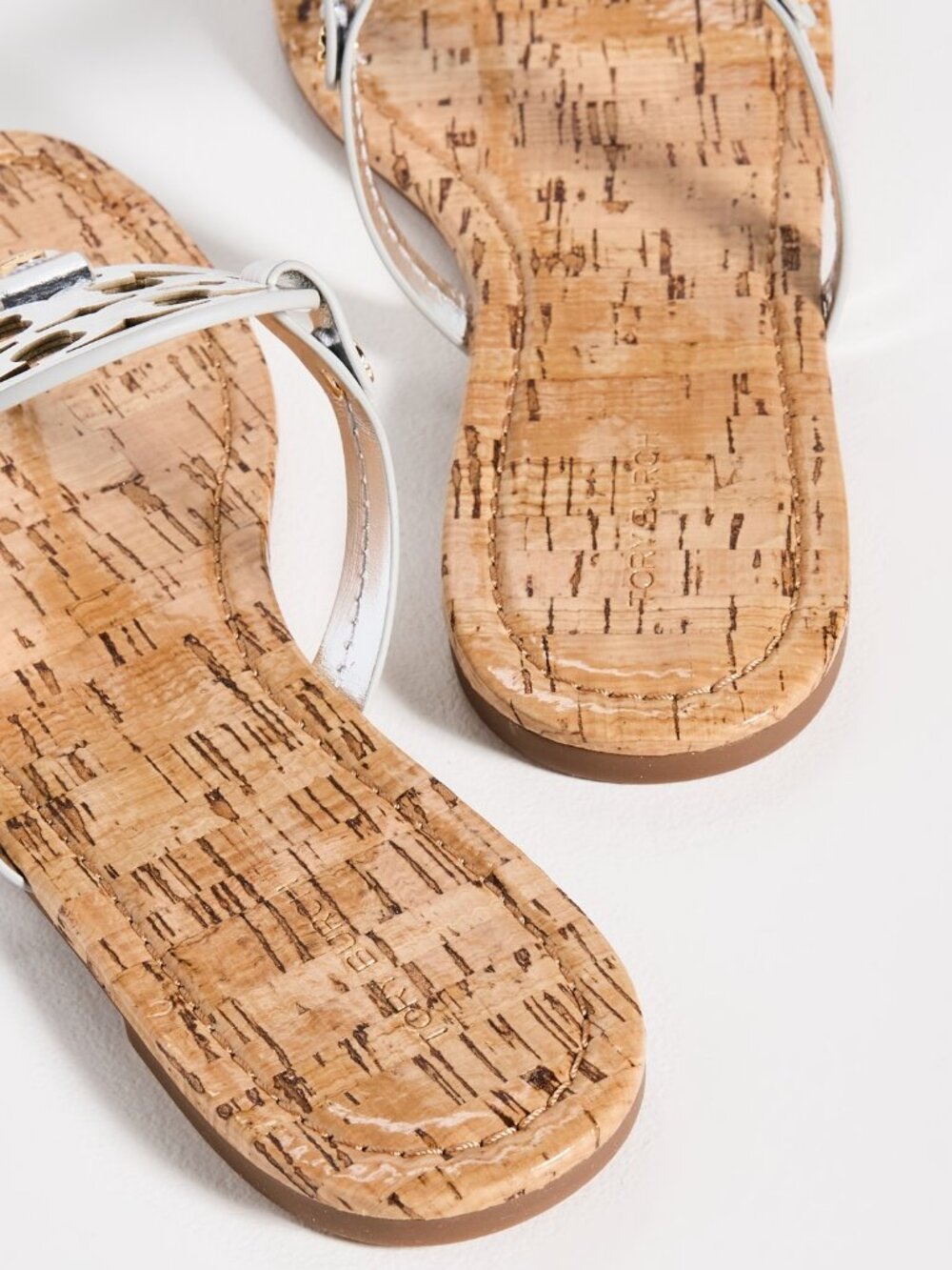 Tory Burch $228 Miller Sandals Patent Leather Silver Gold Rivets Cork 10 - Picture 3 of 10